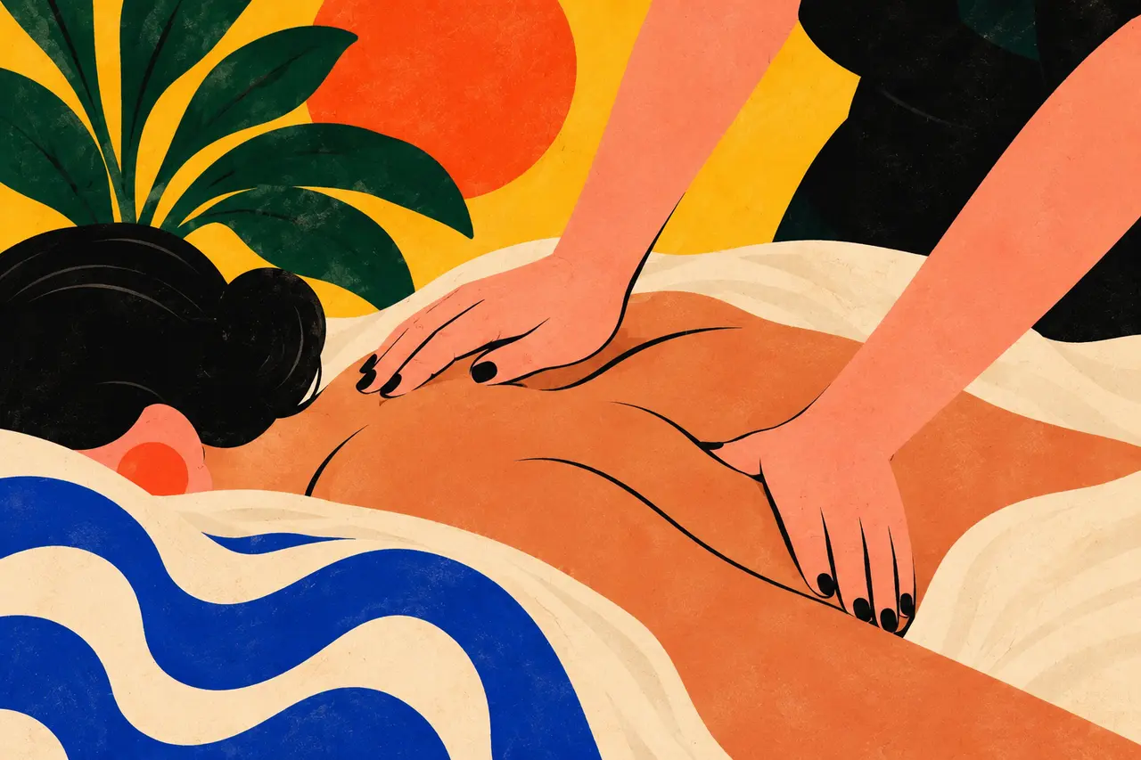Illustration of gentle hands working on a client's back during massage