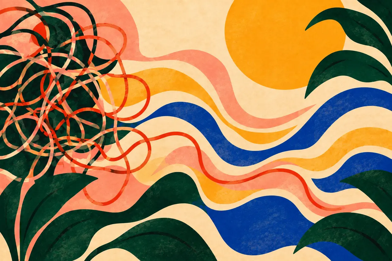 Bold hand-drawn waves in green, orange, pink, yellow, and blue