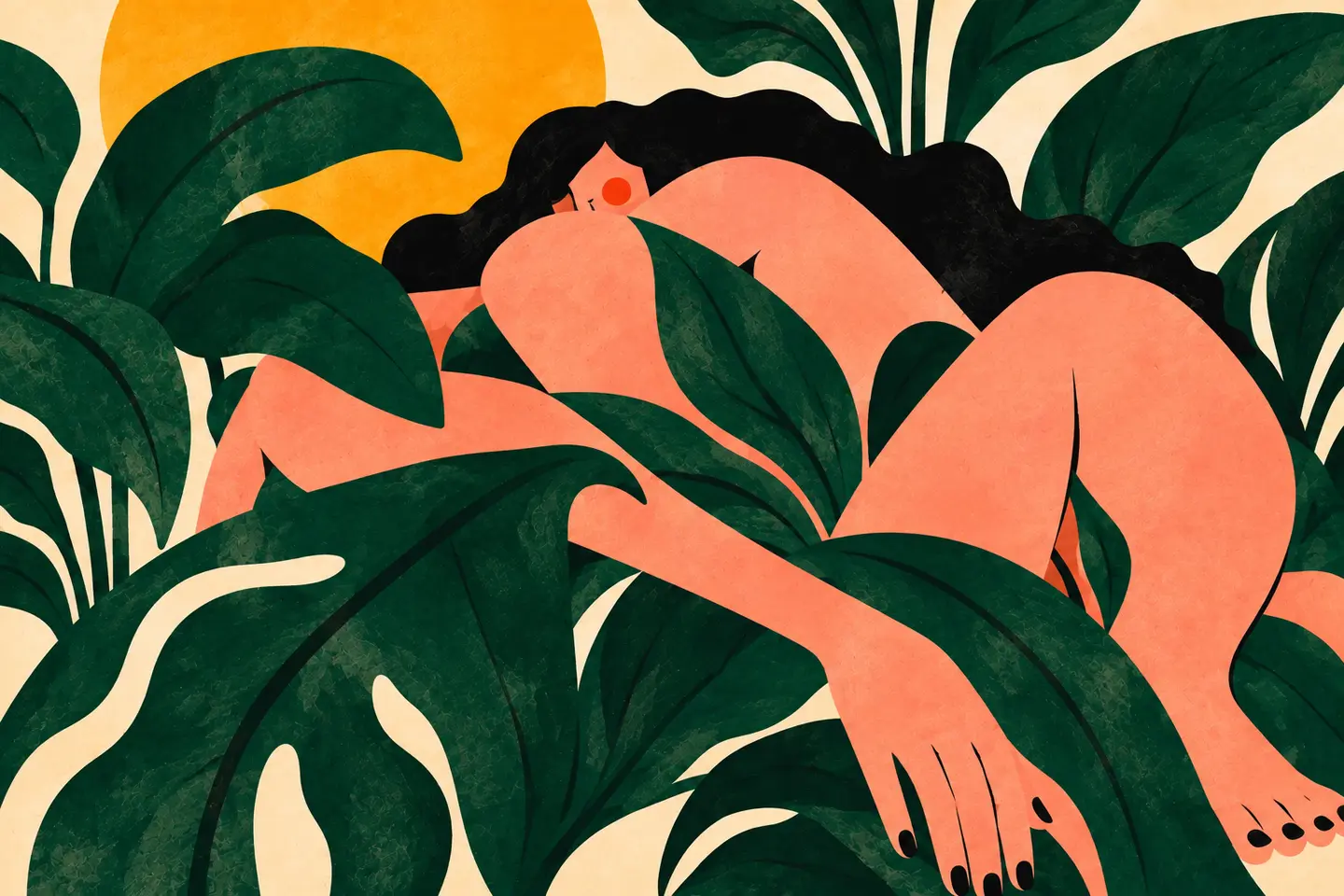 Illustration of a woman resting among leafy plants
