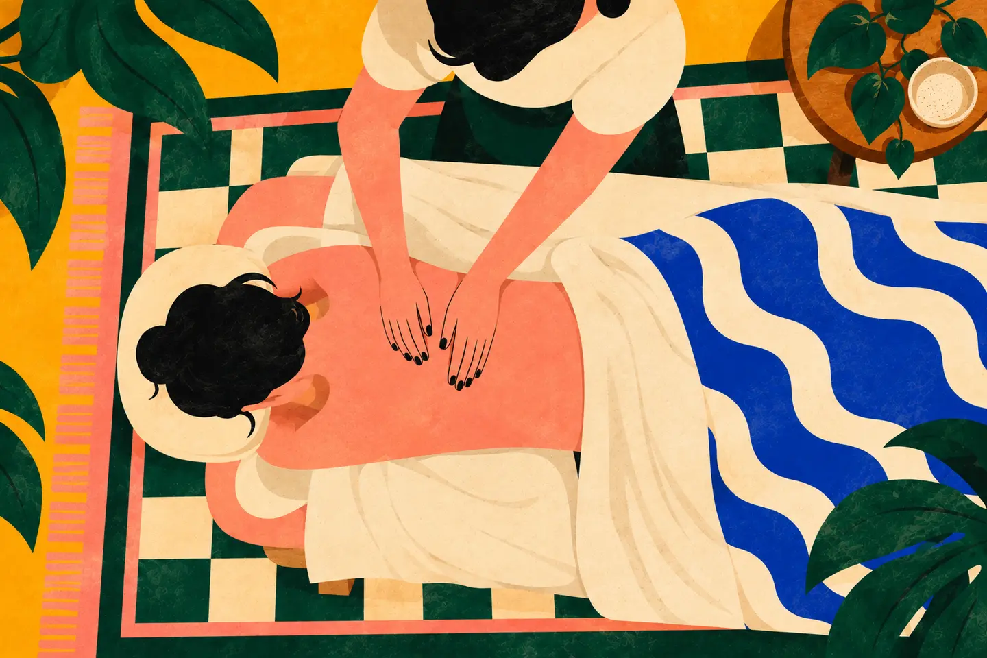 Illustration of a therapist giving a massage in a colorful room