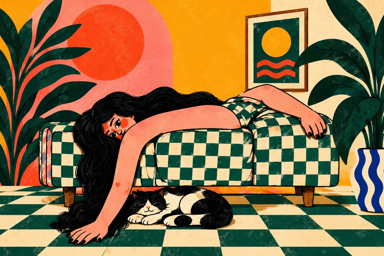 Illustration of a woman resting with a cat on a green checkered cushion