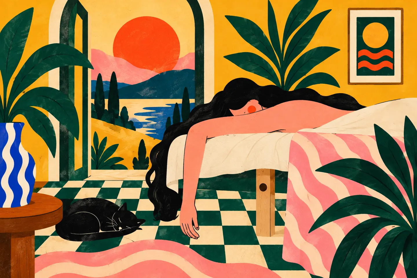 Illustration of a peaceful massage room with plants