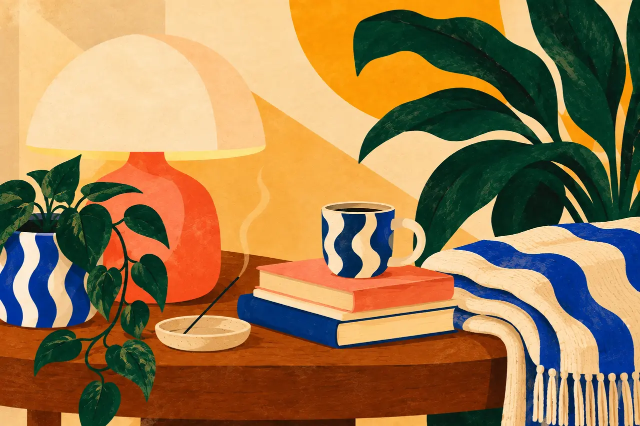Illustrated stack of books and a warm drink in a quiet room