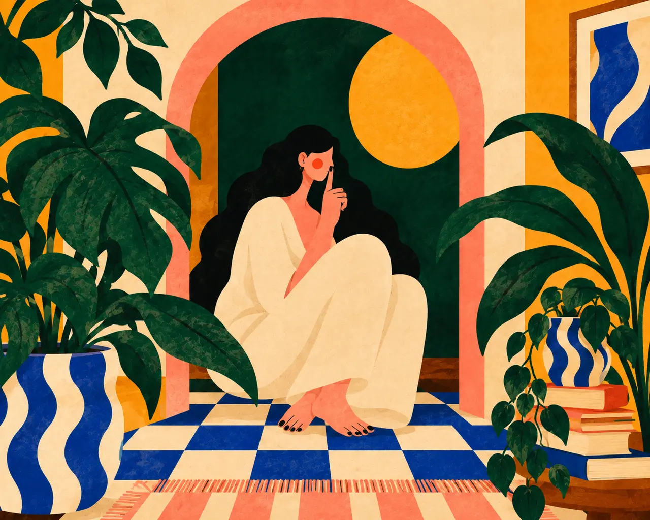 Illustration of a woman sitting near plants and a sunlit window
