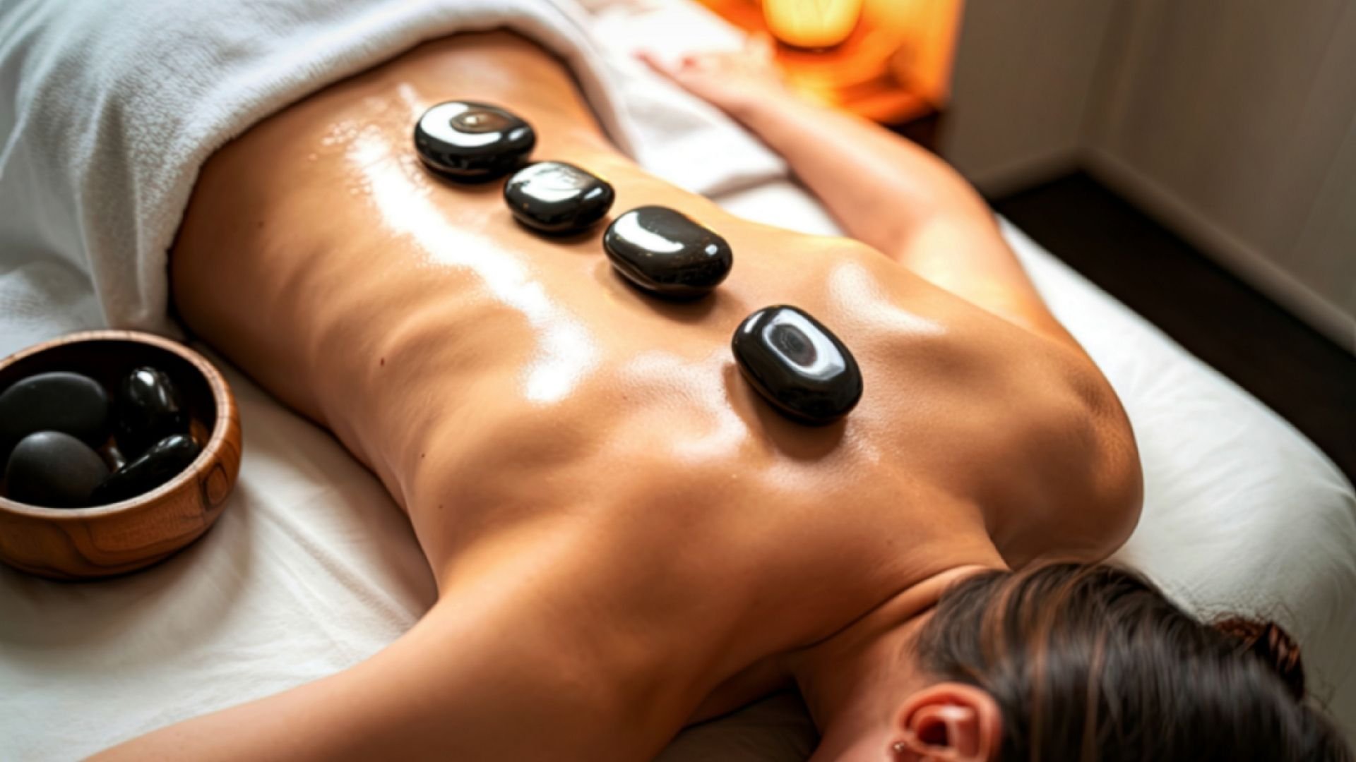 Person receiving hot stone massage therapy on back during spa treatment